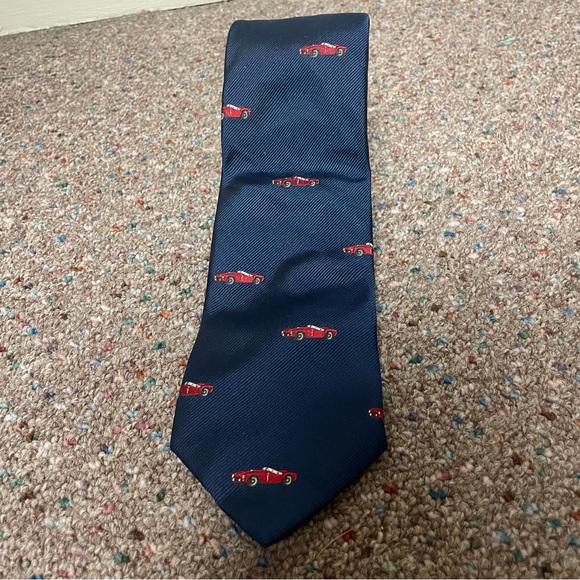 J. Crew Men’s Neck Tie Blue Classic Cars 100% Silk Made In USA Automobile Skinny - Picture 2 of 5
